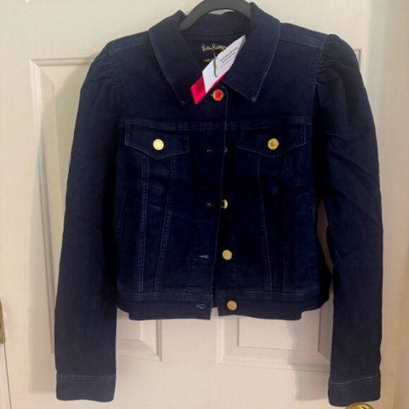 Lily Pulitzer Laylani Denim Jean Jacket Size L Dark Navy Blue MSRP $168